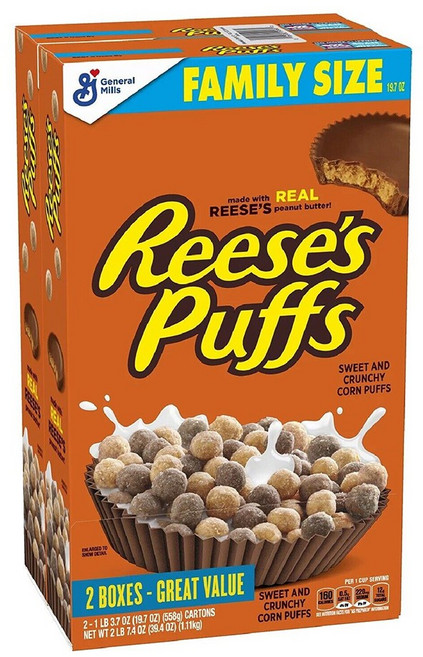 [미국 직배송]리세스 퍼프 시리얼 피넛버터 홀그레인 시리얼 대용량 1.1Kg Reese's Puffs Cereal, 558g, 2개