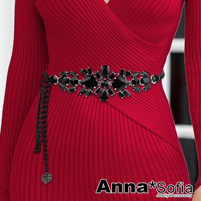 Anna*Sofia 魅黑奢華寶石風腰鍊腰帶腰封 裝飾鏈條