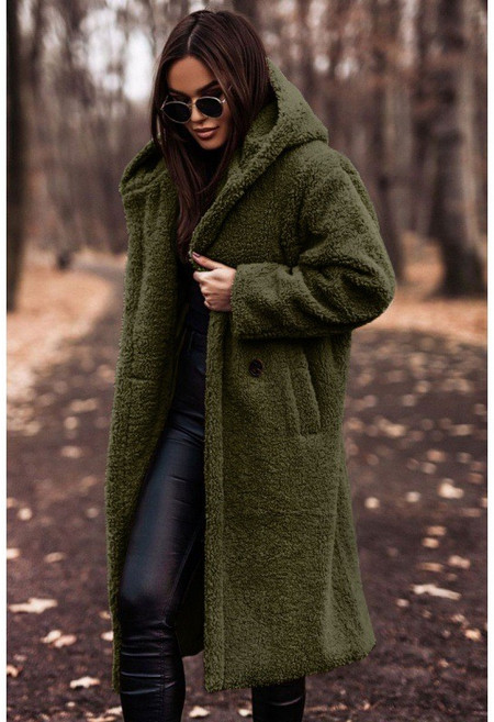 秋冬季長版毛絨連帽外套女 寬鬆保暖