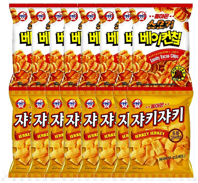 봉지과자 간식 스낵 빙그레 스모키 베이컨칩+쟈키쟈키 8개씩 한박스, 1세트, 1.12kg