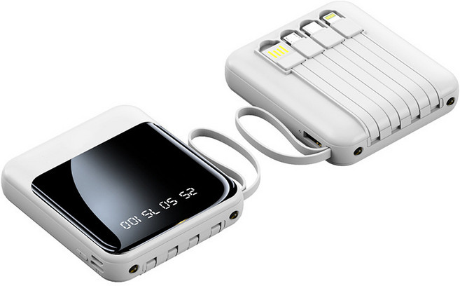 KJJ 大容量行動電源 可上飛機 20000mAh 電量顯示 自帶雙線 多孔輸出 快充 Lightning+TYPE C QC3.0 行動充 口袋寶 充電寶 行充, 白色, 20000毫安行動電源