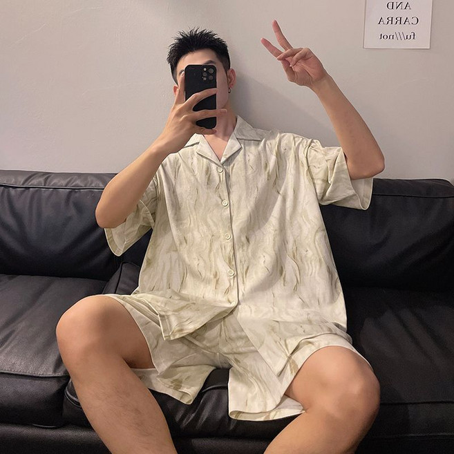 男士夏季冰絲睡衣套裝，短袖寬鬆休閒家居服, 1個, 水波紋短袖套裝男3XL