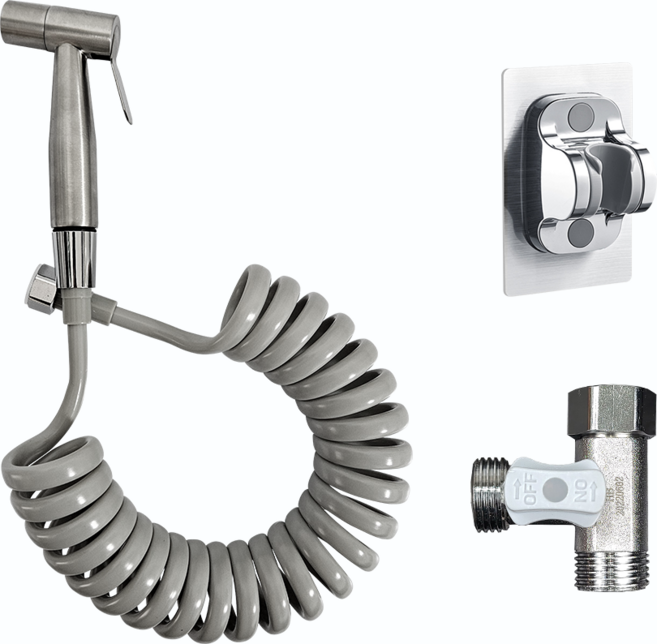 욕실 스프레이건 세트 EVA 황동스프링호스 + 접착식 거치대 + 황동 T 밸브, 실버, 3.5m