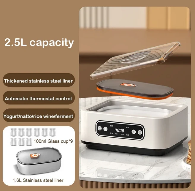 지능형 전기 요구르트 제조기 온도 조절 항온 효소 낫토 쌀 와인 양조사 소주 발효기 110V 220V, 02 110V US plug, 01 1.6L With 9 cups
