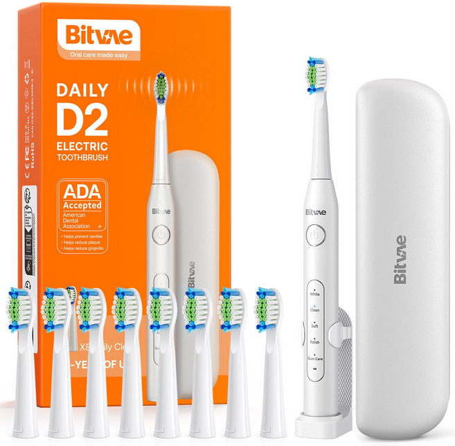 비트베이 D2 음파 전동칫솔 진동칫솔 칫솔모8개 스탠드와 휴대용 케이스 포함 Bitvae Amazon베스트, 화이트, 1개