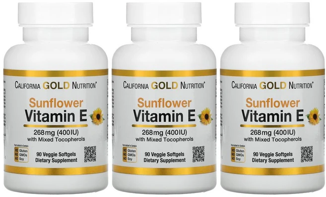[2+1] CGN 캘리포니아골드뉴트리션 썬플라워 해바라기 비타민 E 400IU 90정 혼합 토코페롤 3통 - 쿠팡