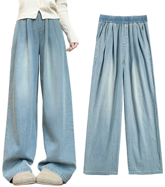 핑크셀럽 여성용 하이웨스트 쿨링 워싱 와이드 청바지
