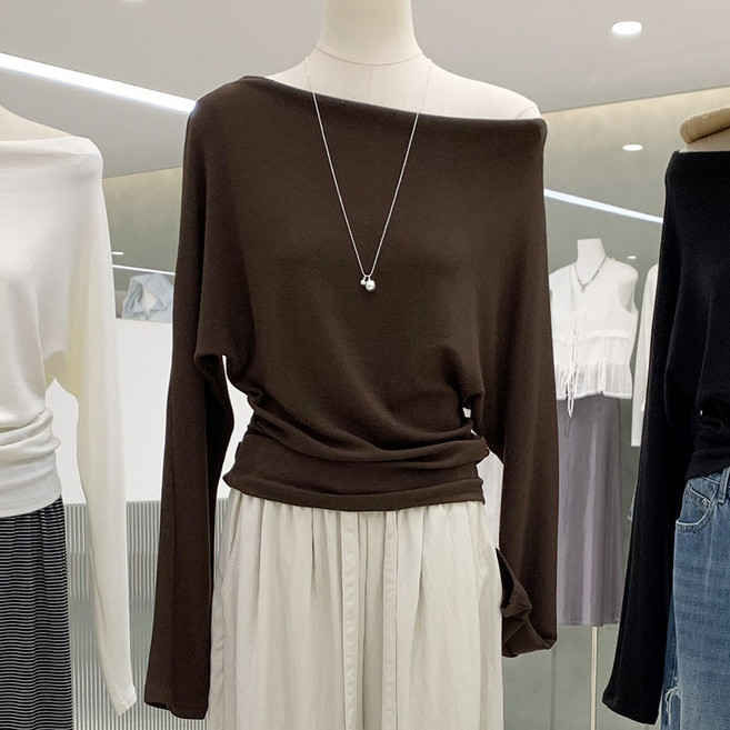 소노바 보트넥 오프숄더 긴팔 티셔츠 루즈핏 데일리 긴소매 티 여성 꾸안꾸 베이직 탑