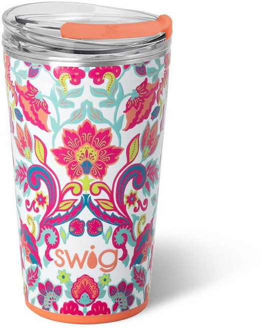 Swig Life 710ml(24온스) 파티 컵 EZ 슬라이더 뚜껑이 있는 쌓을 수 있는 단열 여행용 커피 텀블러 컵 홀더 친화적 스테인리스 스틸 709.8ml(24온스), FLOURISH