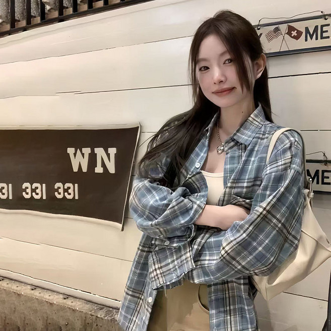 BIKASU 여성 체크 셔츠 루즈핏 긴팔 얇은 남방 캐주얼 베이직 난방