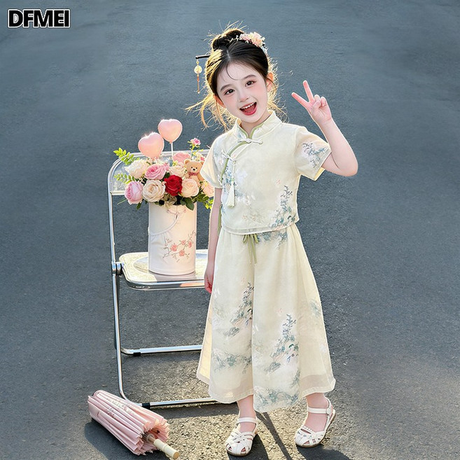 DFMEI 漢服套裝夏季復古旗袍兩件套兒童古裝連衣裙女童唐裝