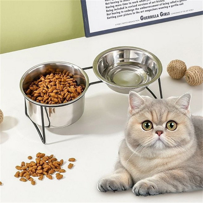 강아지그릇 강아지식기2구 스테인레스 스틸 고양이물그릇+밥그릇 세트, 29.1*11.2*10센티미터.
