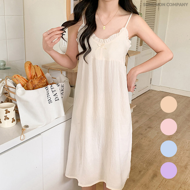 이너퀸 프리수 여성용 브라캡 캡내장 노브라 코튼 면 셔링 프릴 끈 민소매 원피스 슬립 잠옷 홈웨어 이지웨어 구름코튼원피스