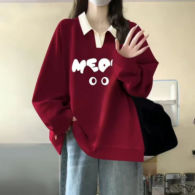 검은색 후드 없는 여성용 스웨트셔츠 가을 겨울 신상품 루즈핏 작은 사이즈 기모 두꺼운 풀오버 상의
