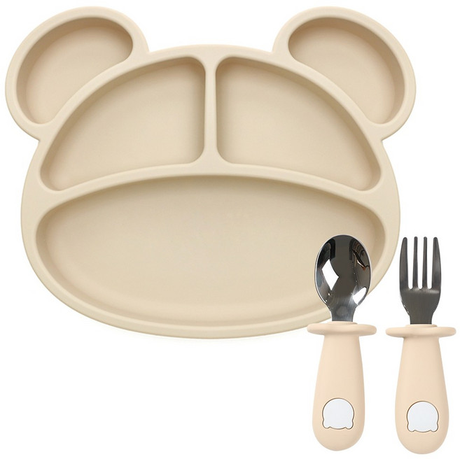 베어블리 자기주도 이유식 2종 세트 (5구 흡착식판+스텐스푼포크), 베이지, 1세트