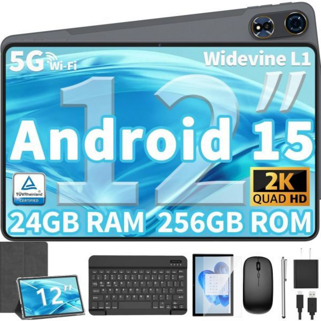 QDDQ 2025 업그레이드 안드로이드 15 태블릿 12인치 키보드 포함 24GB 램+128GB 저장공간1TB 확장 가능 옥타코어 2K 2000x1200 디스플레이 16MP 듀, Silver, Silver