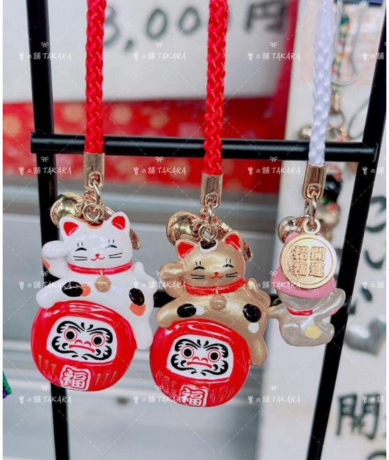 今戶神社 招財貓抱達摩鈴鐺御守吊飾, 1個, 三連招財貓鈴鐺御守吊飾, N/A