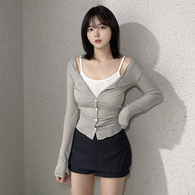 바나나2 국내제작 손등덮는 여리한핏 자외선차단 시스루 브이넥 아이스니트 얇은가디건
