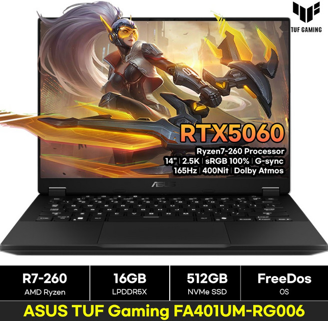 에이수스 2026 TUF 게이밍 A14 라이젠7 라이젠 200 시리즈 지포스 RTX 5060, 예거 그레이, FA401UM-RG006, 512GB, 16GB, Free DOS