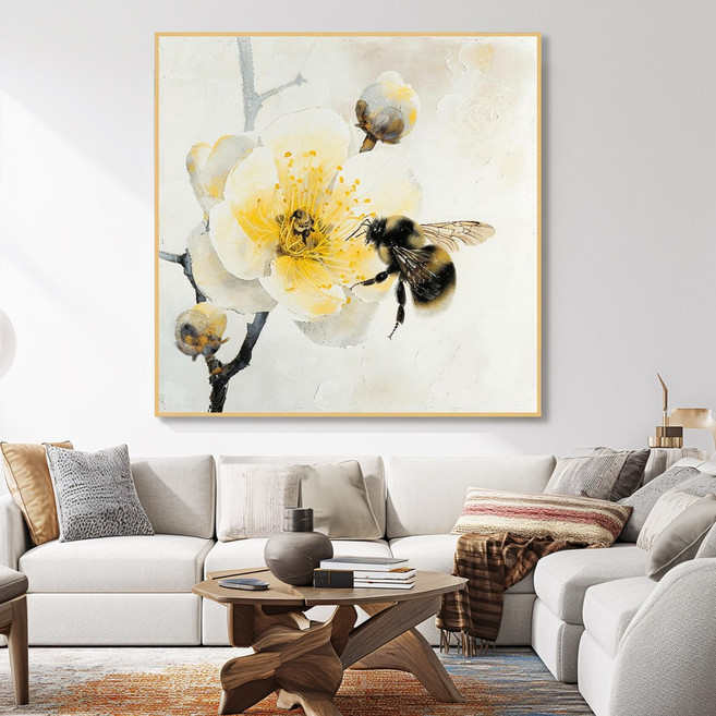 신원액자랜드 벌과 해바라기 꽃 그림 알루미늄 액자 주방 거실 침실 가게 매장 개업 축하 선물 풍수 인테리어, 01.꽃과꿀벌, 01.25X25 (cm), 02.무광블랙 알루미늄액자
