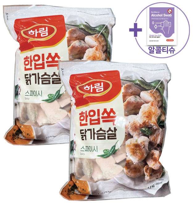 코스트코 하림 한입쏙 스파이시 닭가슴살 1200G X 2 [아이스박스] + 더메이런알콜티슈, 2개, 1.2kg