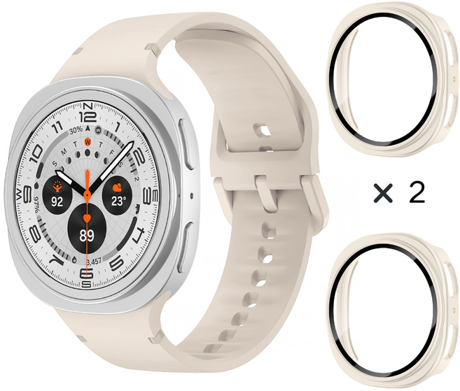갤럭시워치 호환 8 7 6 5 4 스포츠 실리콘 스트랩 + 보호 PC강화유리 풀커버 케이스 2개입, 스타라이트/스타라이트
