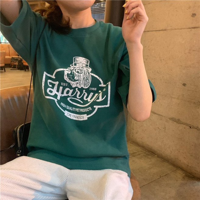 체인지쉬(change she) 여성 캐주얼 빈티지 레트로 프린팅 반팔 티셔츠