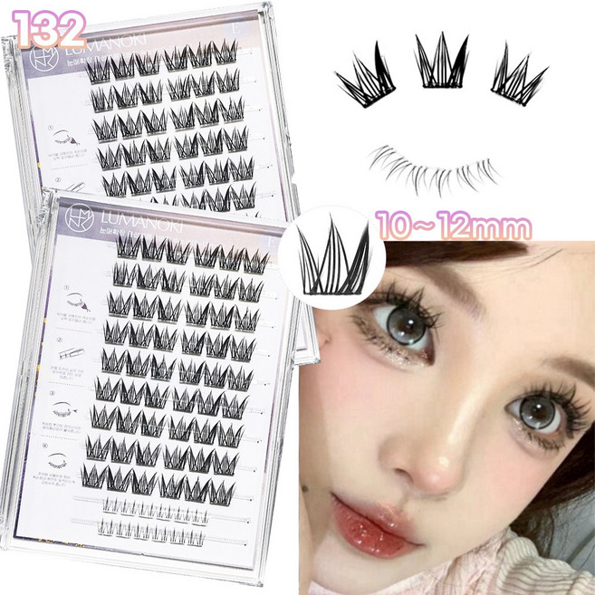 132모 24시간 유지 노글루 가닥 인조 속눈썹 상(108)+하(24), 2개, E- 바비인형스타일 블랙