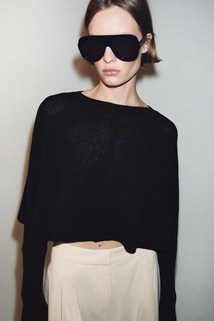 자라 박쥐 소매 반팔 니트 스웨터 - 블랙