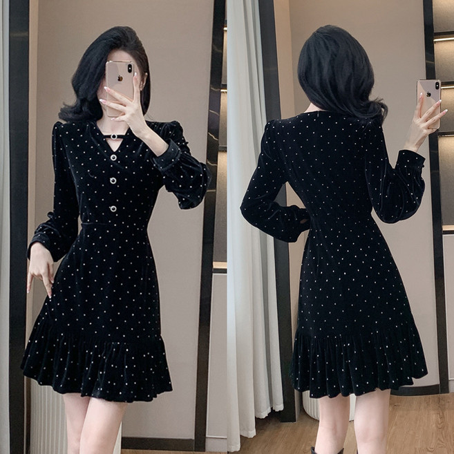 에쥬아 벨벳 미니원피스 브이넥 큐빅 핀턱 하객룩