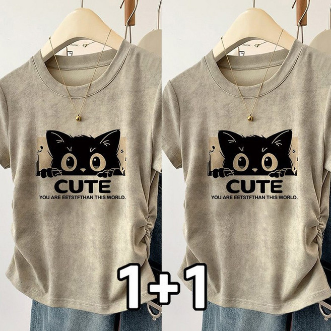FANSYLI 1+1 기본 반팔티셔츠 여성 라운드 고양이 프린트 티셔츠 2종세트 숏 슬림 셔링 티셔츠 투피스 X2506J6