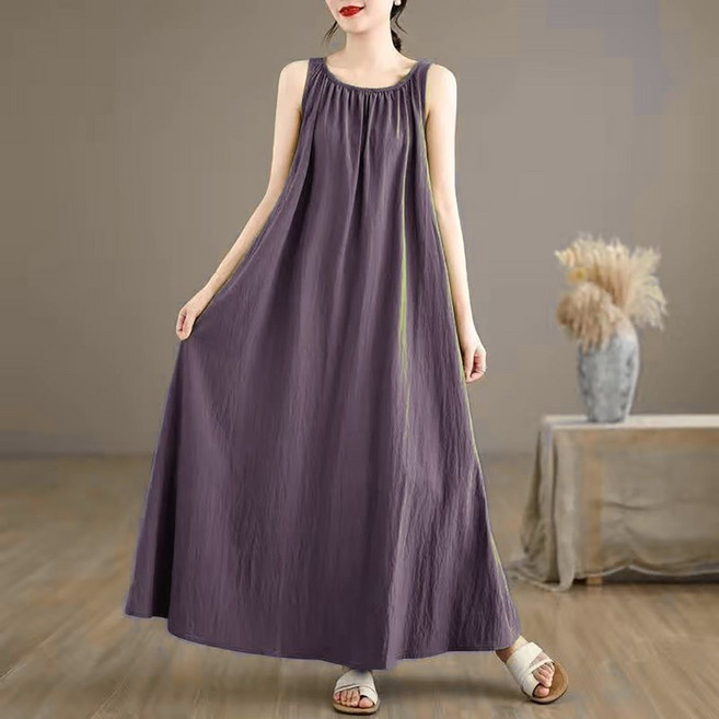 MOSAIRATION 여성용 루즈핏 순면 솔리드 컬러 민소매 롱 면마 원피스 B0021713