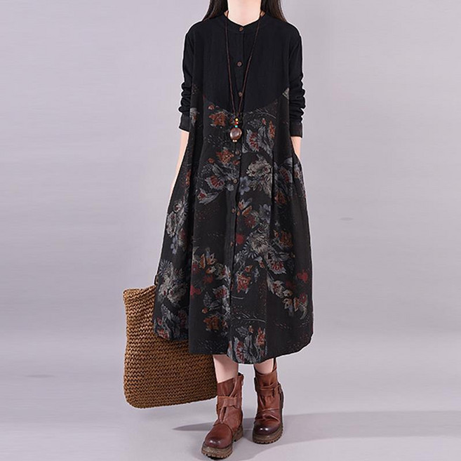 COSYEVNO 중년 엄마 면 마 셔츠 원피스 봄 가을 브이넥 빅사이즈 루즈핏 패션 프린트 미디스커트 lyjmmcxlyq-18