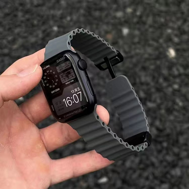 海洋矽膠 折疊磁吸錶帶 適用於 Apple watch, 深灰色,3代42/44/45/46/49mm, 1個