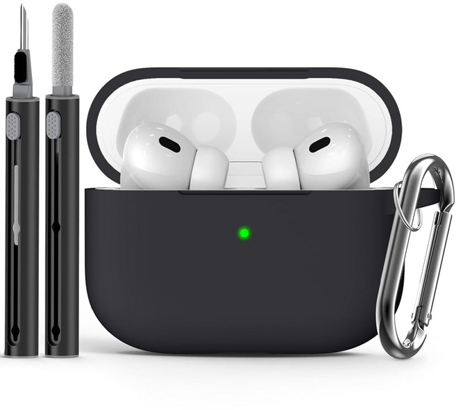 클리너 키트가있는 AirPods Pro 케이스 커버 용 애플 에어팟 프로 2 세대 여성용 소프트 실리콘 보호 케이스 에어팟 프로 2/프로 케이스 액세서리 키체인 포함, 검은색, 1개