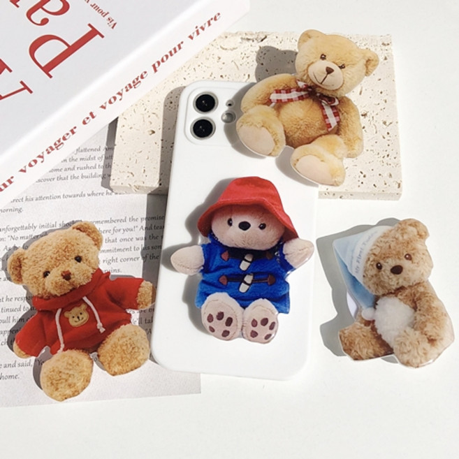 아쿠세샵 스마트톡 귀여운 곰돌이 패셔니스타 핸드폰 거치대, 방울모자 곰돌이, 1개