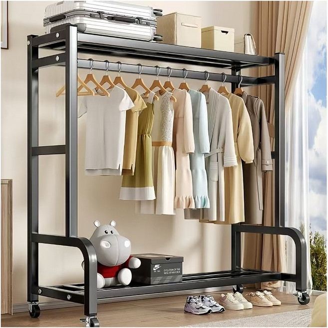 BILIMO 튼튼한 철제 스탠드 2단 선반 이불 케리어 수납 가능한 이동식 옷걸이 행거, 블랙