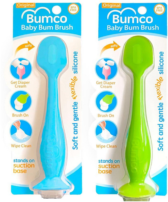Bumco 기저귀 크림 주걱 (2팩) - BPA 프리 가방 필수품 부드럽고 유연한 엉덩이 아기 엄마가 발명한 페이스트 주걱 어플리케이터 베이비 범 브러시, 블루 & 그린