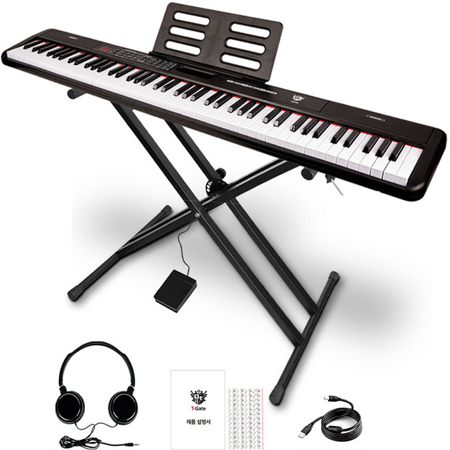 더뮤직 / 교습용 88건반 전자 디지털 피아노 + 스탠드 + 서스테인 페달 + 헤드셋 + MIDI-USB 케이블 풀 세트 블랙 화이트, 블랙-JO-A01B-H, 1개