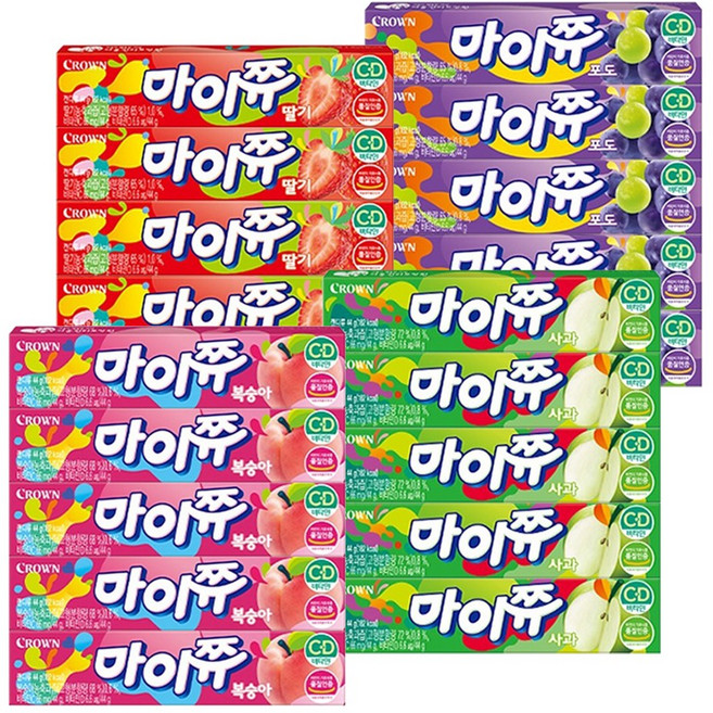 크라운 마이쮸 44g 사과 포도 복숭아 딸기 캐러멜 캔디, 15개