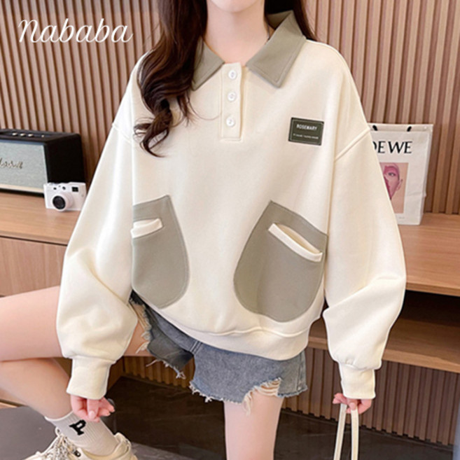 나바바 NT1969 여성 캐주얼 포켓 긴팔 카라 맨투맨