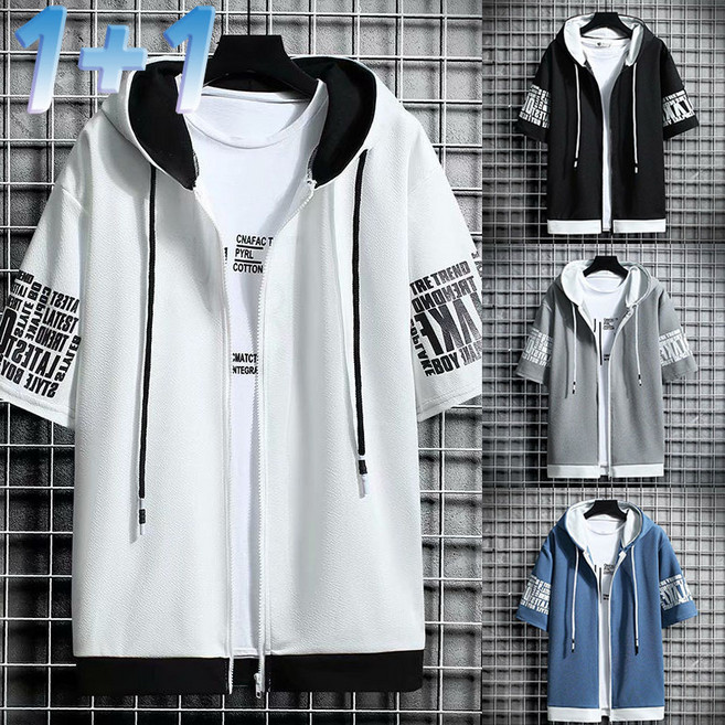 1+1 남성티셔츠 데일리 후드집업 반팔 티셔츠 가디건 코트 여름 레터링 배색라인 자켓 재킷 80kg까지
