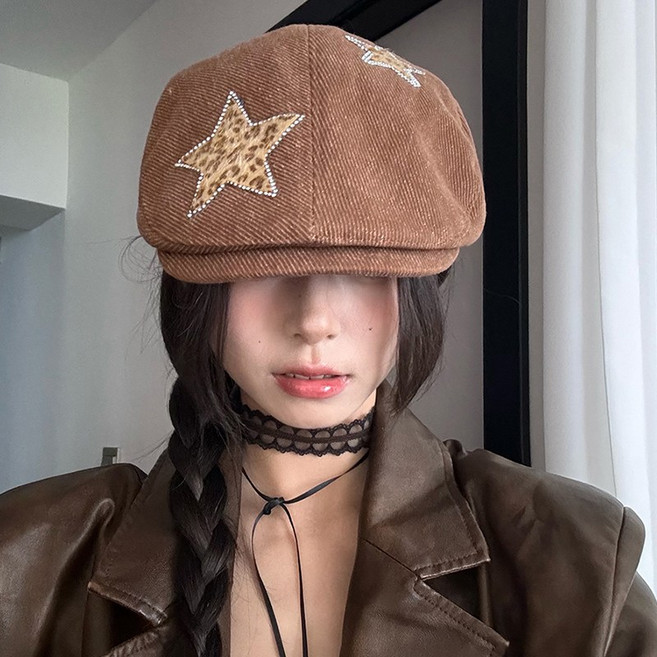 千禧辣妹五角星豹紋前進帽女大頭圍個性y2k報童帽小衆設計畫家帽