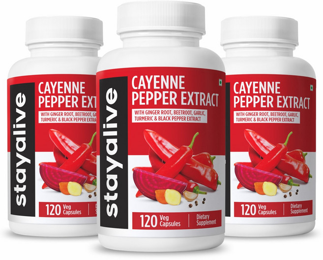 StayAlive (Usa 빠른 구매) 카이엔 페퍼 생강 마늘 강황 비트루트 블랙 페퍼 심혈관 및 면역 체계 지원 캡사이신 보충제, 3개, 120정
