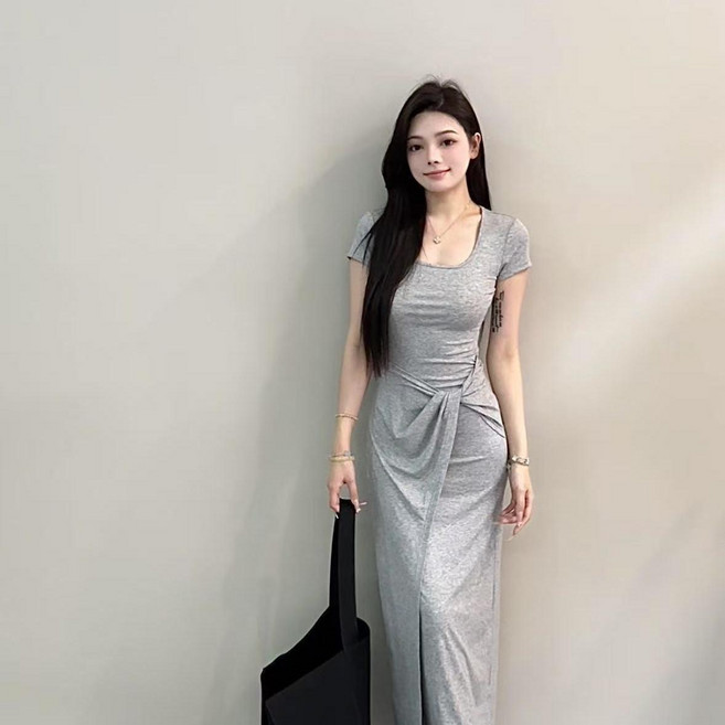 純欲風短袖長裙 顯瘦褶皺開叉連衣裙, 1個, 淺灰色S