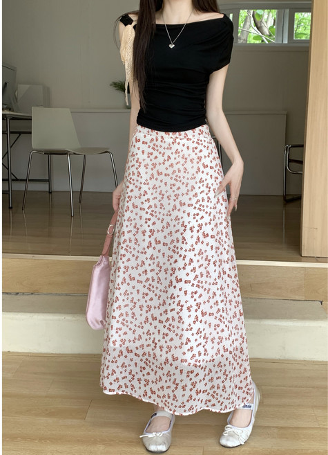 제이씨엠 JCM473 여성 캐주얼 쉬폰 플라워 롱스커트 안감있는 셔링 플레어 스커트