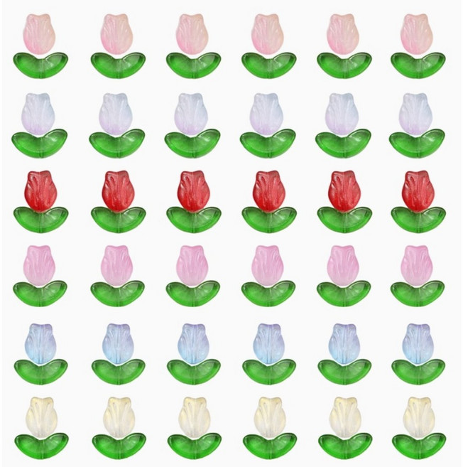 리리아트 유리 글라스 투명 긴튤립 비즈 잎사귀 8색 40개