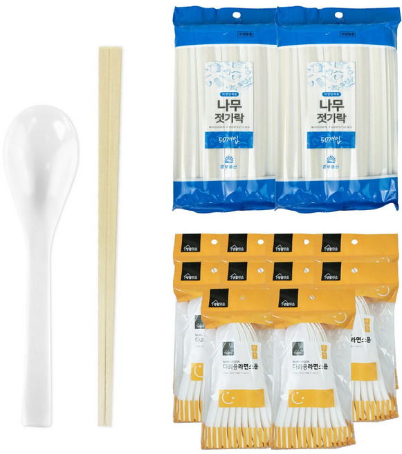 생활미소 식사도구 라면용 50입 세트 (플라스틱라면스푼 50입+나무젓가락 50입), 2세트