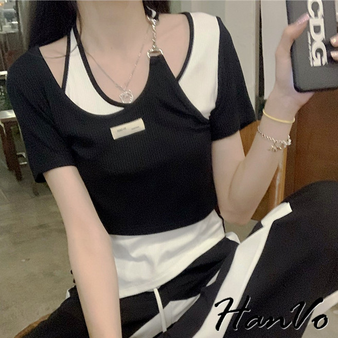 HanVo 純欲辣妹風不規則假兩件撞色 韓版掛脖修身上衣 韓國女裝