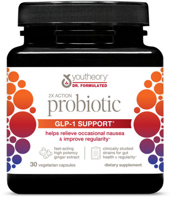 Youtheory 듀얼 액션 GLP-1 서포트 프로바이오틱스 체중 관리 시 소화 불편 완화 지원 프로바이오틱스, 3개, 30정